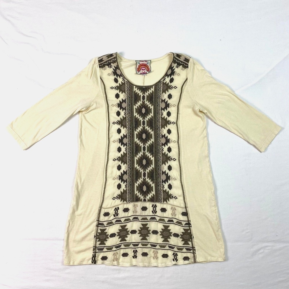 Johnny Was Top Women Small Embroidery 3/4 Sleeve Beige aztec cotton hiking Tunic